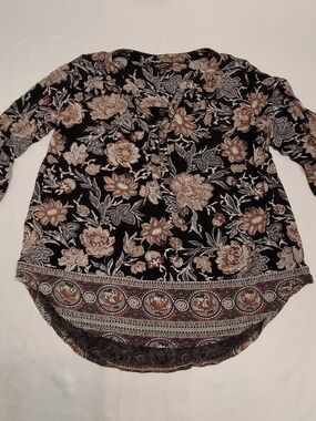 Lucky Brand Boho Floral Blouse Small Black Viscose Peasant Top